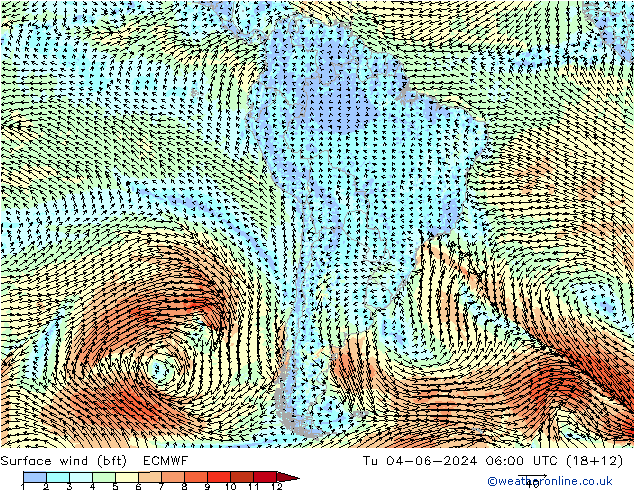 Surface wind (bft) ECMWF Út 04.06.2024 06 UTC