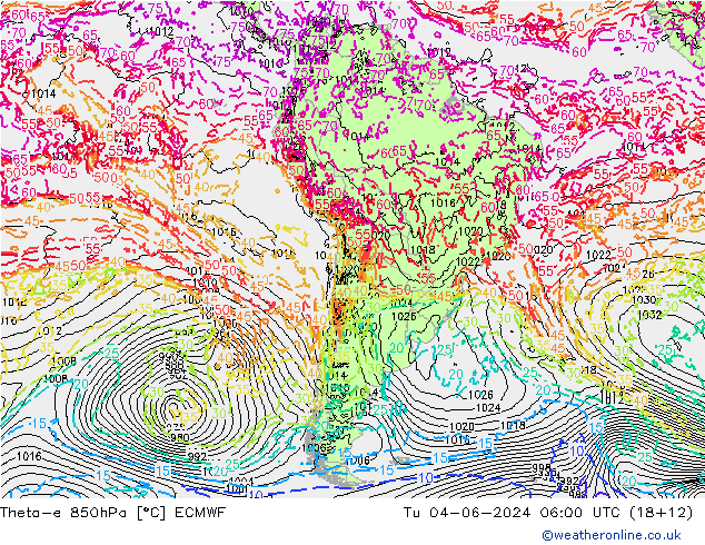 Theta-e 850hPa ECMWF  04.06.2024 06 UTC