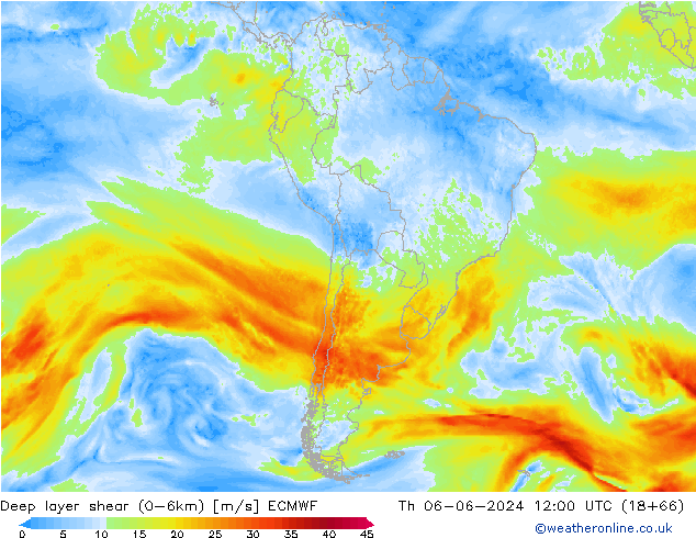 Deep layer shear (0-6km) ECMWF jue 06.06.2024 12 UTC