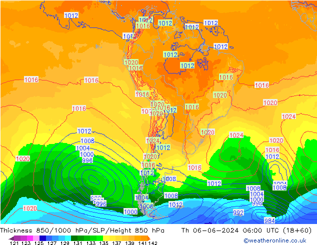 Espesor 850-1000 hPa ECMWF jue 06.06.2024 06 UTC