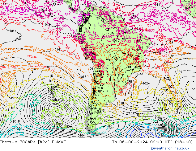 Theta-e 700hPa ECMWF jue 06.06.2024 06 UTC