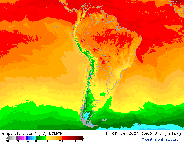 Temperature (2m) ECMWF Čt 06.06.2024 00 UTC