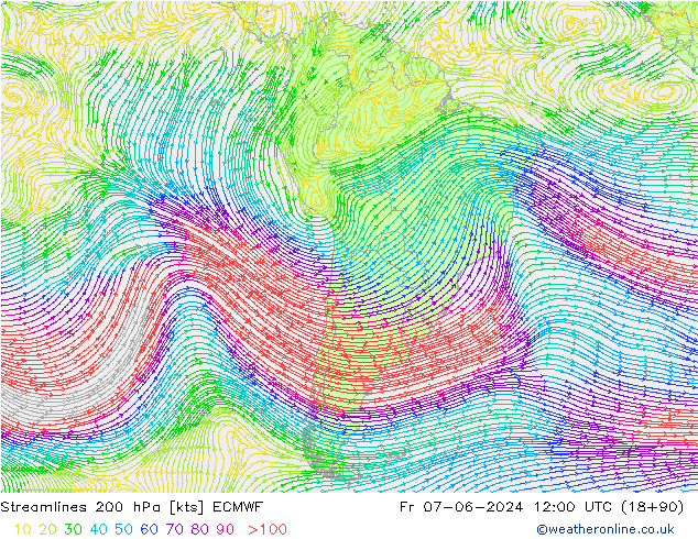 Ligne de courant 200 hPa ECMWF ven 07.06.2024 12 UTC