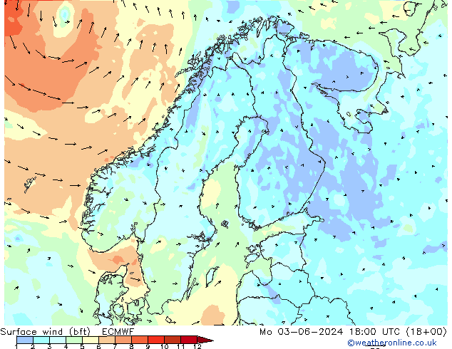 Surface wind (bft) ECMWF Mo 03.06.2024 18 UTC