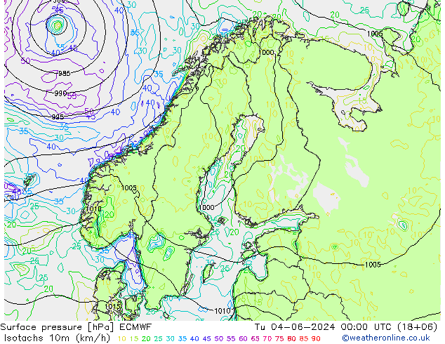 Isotachen (km/h) ECMWF Di 04.06.2024 00 UTC