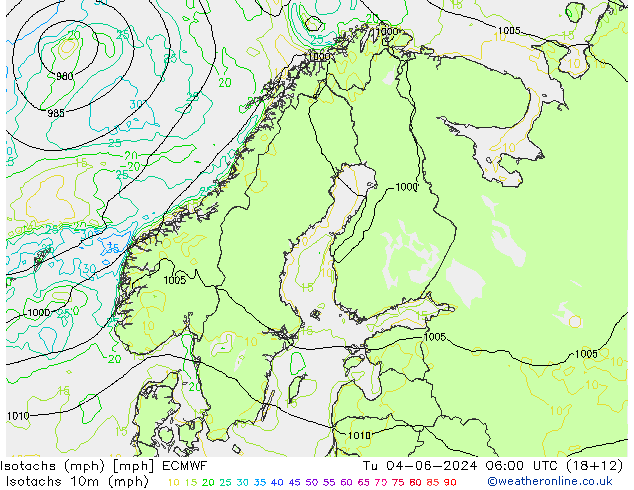 Eşrüzgar Hızları mph ECMWF Sa 04.06.2024 06 UTC