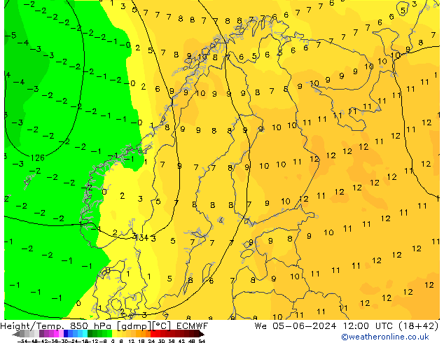 Geop./Temp. 850 hPa ECMWF mié 05.06.2024 12 UTC