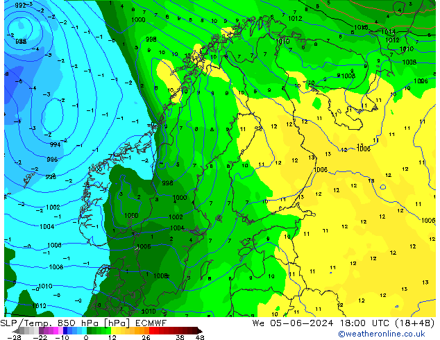 850 hPa Yer Bas./Sıc ECMWF Çar 05.06.2024 18 UTC