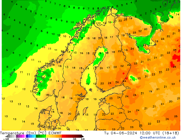 Temperature (2m) ECMWF Tu 04.06.2024 12 UTC