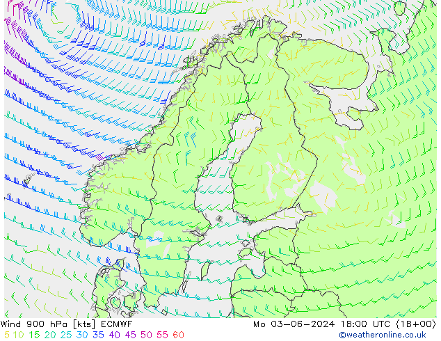 Vento 900 hPa ECMWF lun 03.06.2024 18 UTC