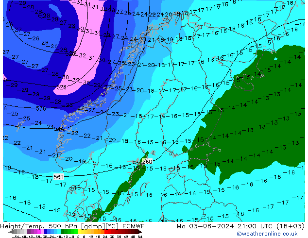 Geop./Temp. 500 hPa ECMWF lun 03.06.2024 21 UTC