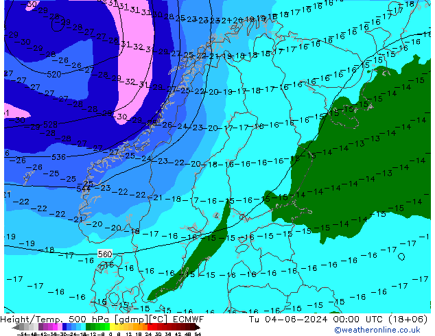 Z500/Rain (+SLP)/Z850 ECMWF Út 04.06.2024 00 UTC