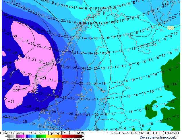 Z500/Rain (+SLP)/Z850 ECMWF jue 06.06.2024 06 UTC