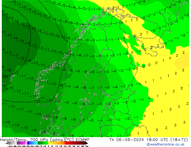 Géop./Temp. 700 hPa ECMWF jeu 06.06.2024 18 UTC