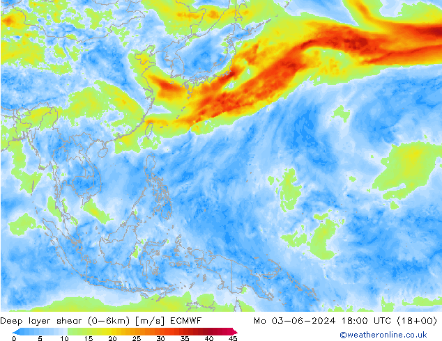 Deep layer shear (0-6km) ECMWF Mo 03.06.2024 18 UTC