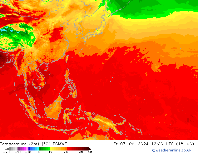 Temperature (2m) ECMWF Pá 07.06.2024 12 UTC