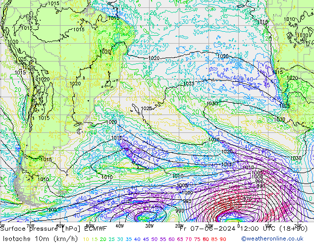 Isotachs (kph) ECMWF Fr 07.06.2024 12 UTC