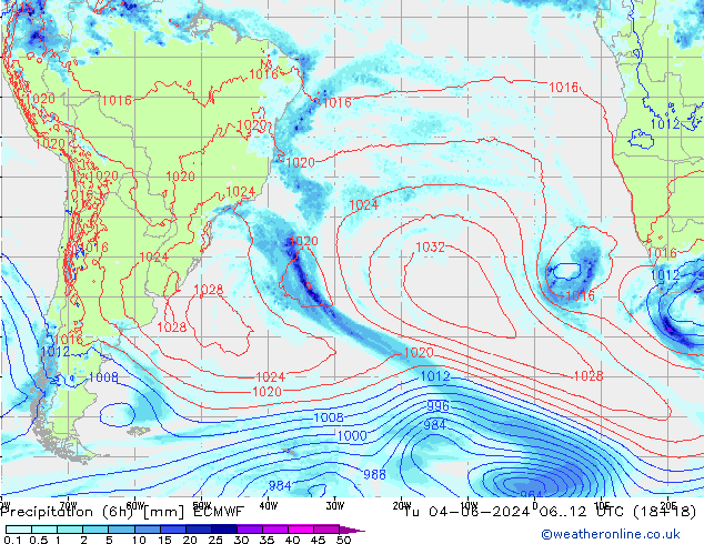 Precipitation (6h) ECMWF Út 04.06.2024 12 UTC