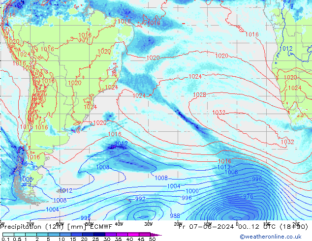 Precipitation (12h) ECMWF Pá 07.06.2024 12 UTC