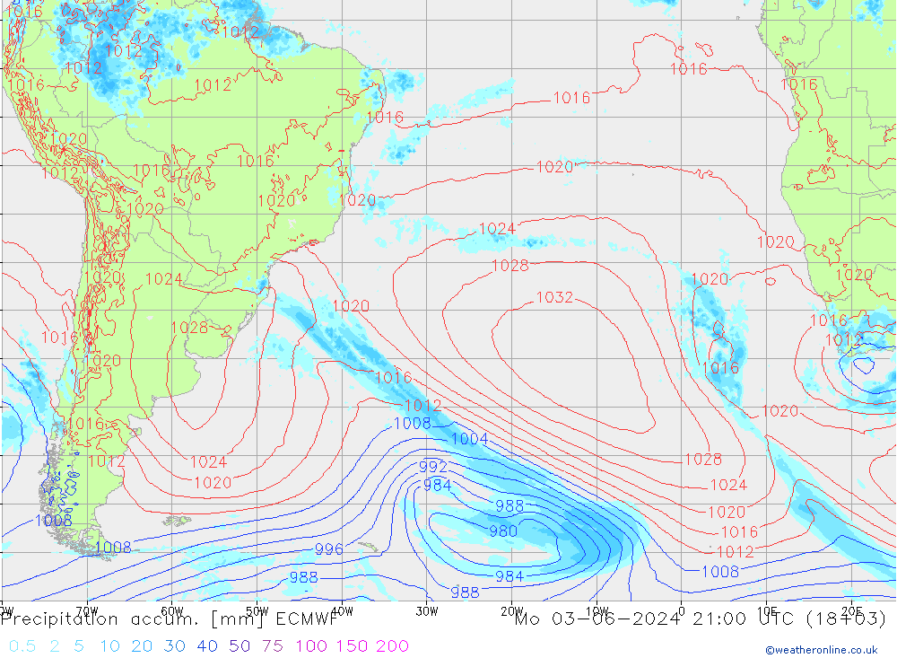 Precipitation accum. ECMWF lun 03.06.2024 21 UTC