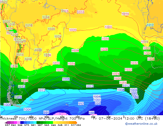 Espesor 700-1000 hPa ECMWF vie 07.06.2024 12 UTC