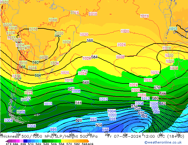 Espesor 500-1000 hPa ECMWF vie 07.06.2024 12 UTC