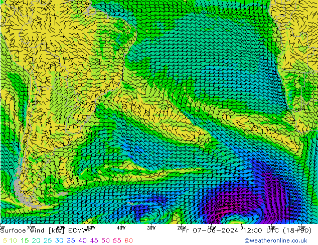 Surface wind ECMWF Pá 07.06.2024 12 UTC