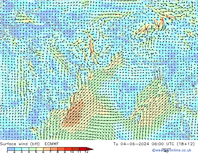 �N 10 米 (bft) ECMWF 星期二 04.06.2024 06 UTC