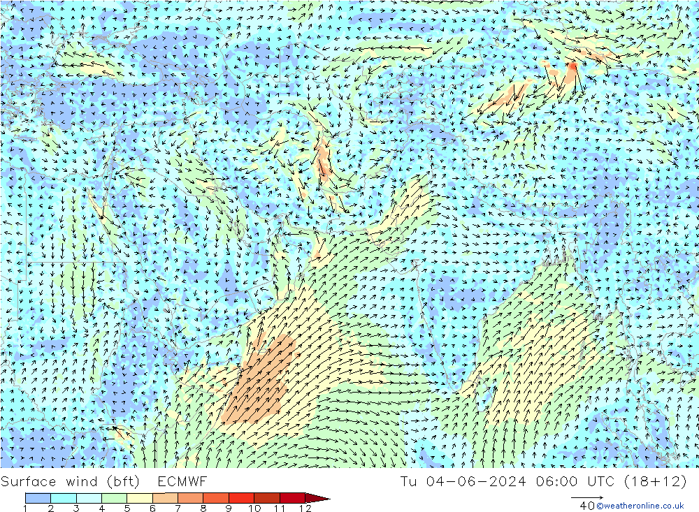 �N 10 米 (bft) ECMWF 星期二 04.06.2024 06 UTC