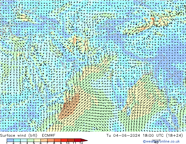 Surface wind (bft) ECMWF Tu 04.06.2024 18 UTC