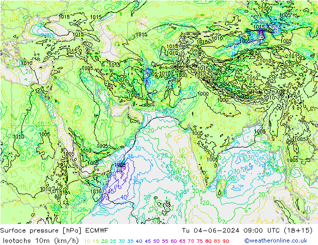 Isotachs (kph) ECMWF Tu 04.06.2024 09 UTC