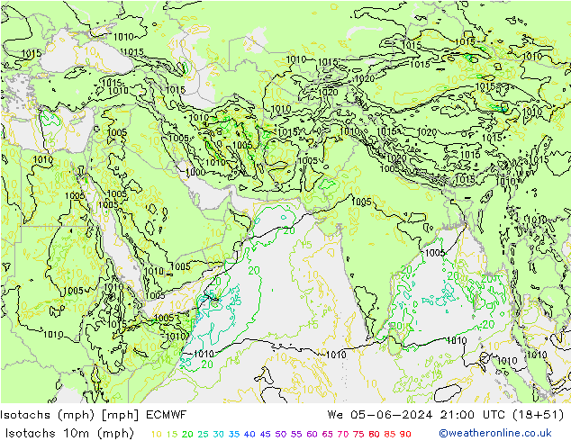 Eşrüzgar Hızları mph ECMWF Çar 05.06.2024 21 UTC