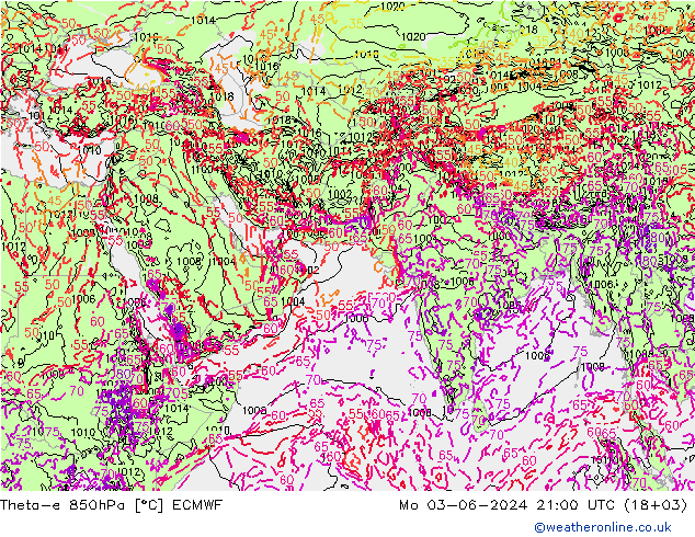 Theta-e 850hPa ECMWF 星期一 03.06.2024 21 UTC