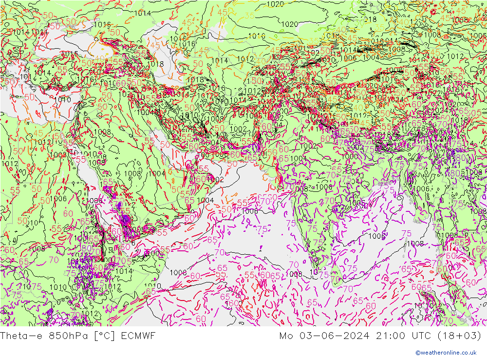 Theta-e 850hPa ECMWF 星期一 03.06.2024 21 UTC