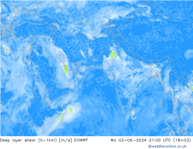 Deep layer shear (0-1km) ECMWF Seg 03.06.2024 21 UTC