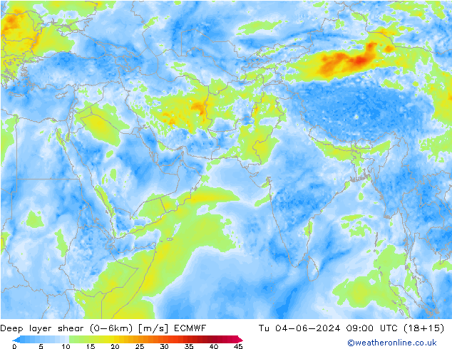 Deep layer shear (0-6km) ECMWF mar 04.06.2024 09 UTC