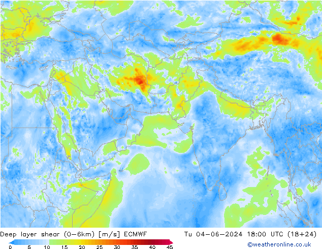 Deep layer shear (0-6km) ECMWF  04.06.2024 18 UTC