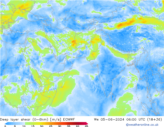 Deep layer shear (0-6km) ECMWF  05.06.2024 06 UTC