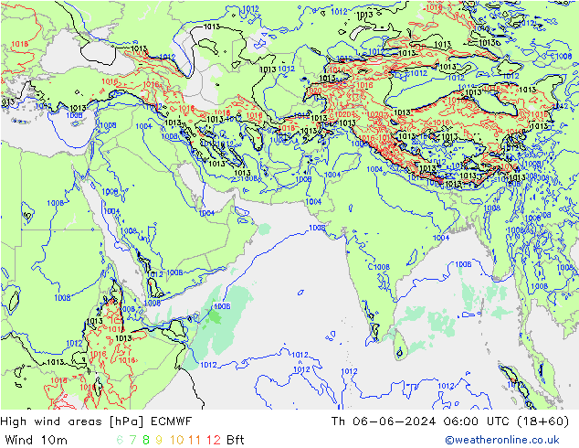 High wind areas ECMWF Čt 06.06.2024 06 UTC