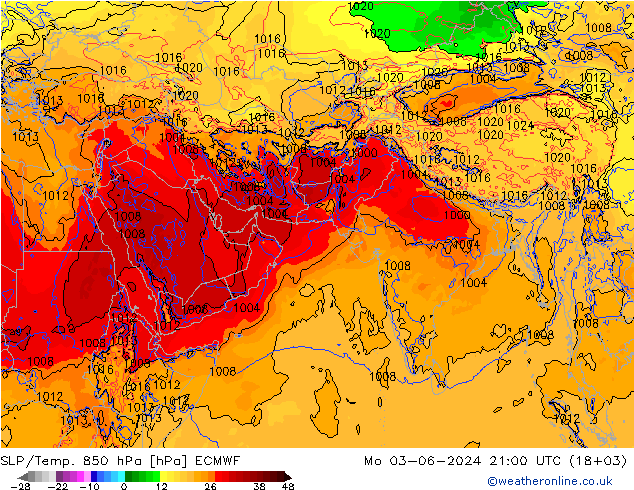 SLP/Temp. 850 hPa ECMWF 星期一 03.06.2024 21 UTC