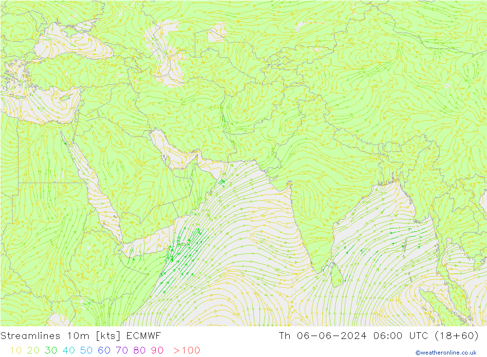 Streamlines 10m ECMWF Th 06.06.2024 06 UTC