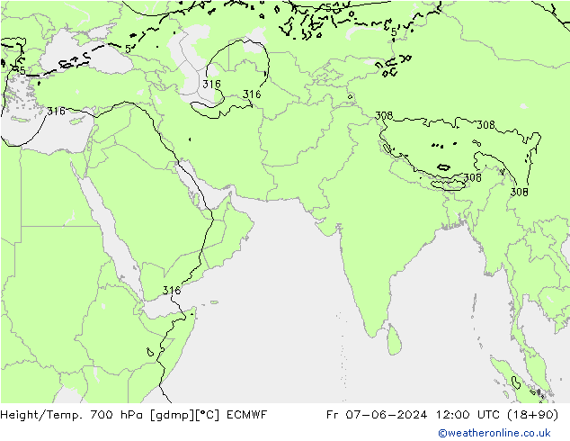 Height/Temp. 700 hPa ECMWF Fr 07.06.2024 12 UTC