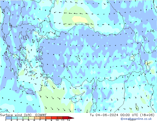 Viento 10 m (bft) ECMWF mar 04.06.2024 00 UTC