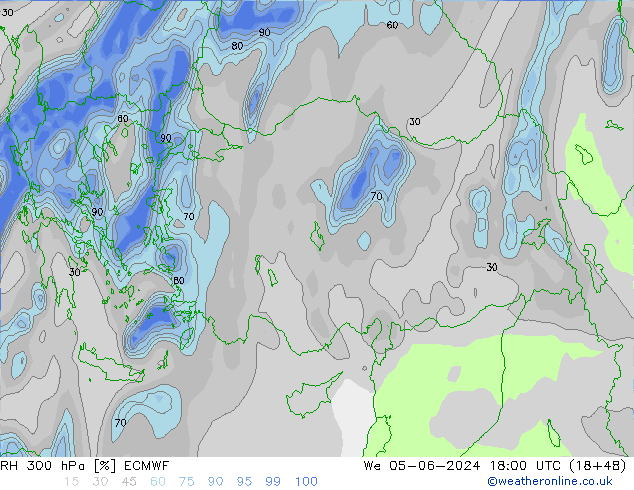 Humidité rel. 300 hPa ECMWF mer 05.06.2024 18 UTC