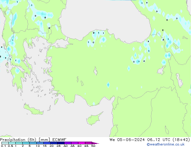 Totale neerslag (6h) ECMWF wo 05.06.2024 12 UTC