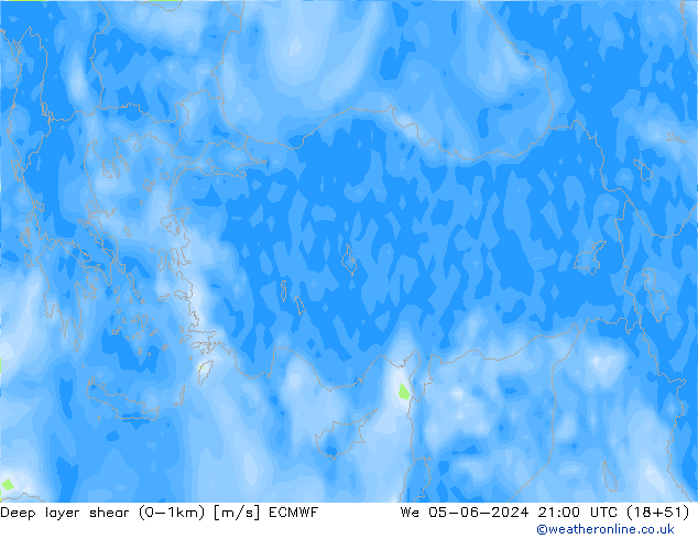 Deep layer shear (0-1km) ECMWF We 05.06.2024 21 UTC