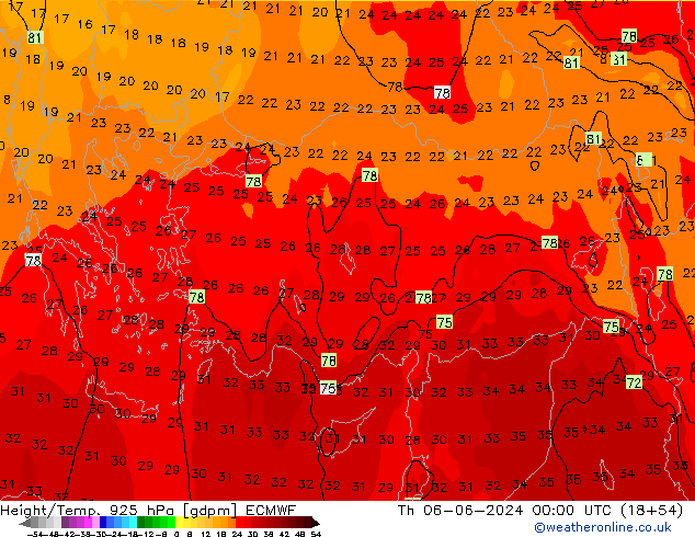 Height/Temp. 925 hPa ECMWF Qui 06.06.2024 00 UTC