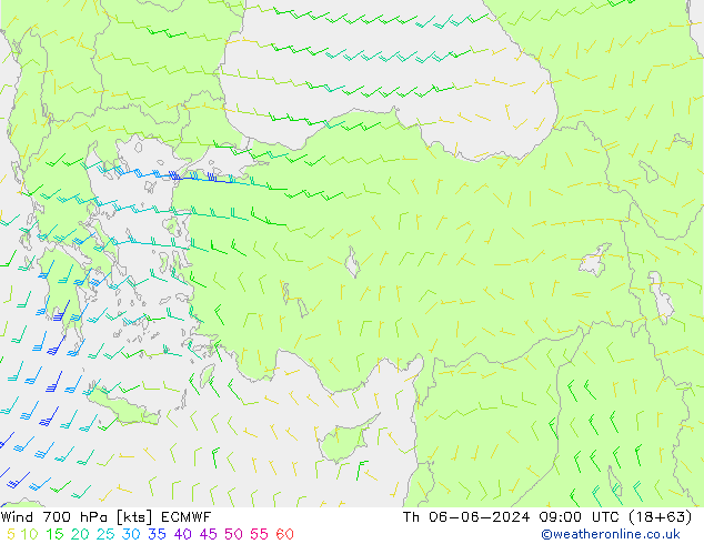 Wind 700 hPa ECMWF Čt 06.06.2024 09 UTC