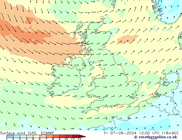 Surface wind (bft) ECMWF Fr 07.06.2024 12 UTC