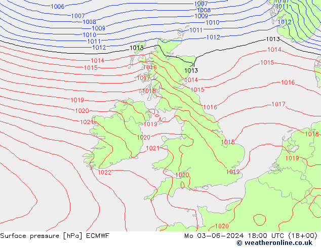 Presión superficial ECMWF lun 03.06.2024 18 UTC